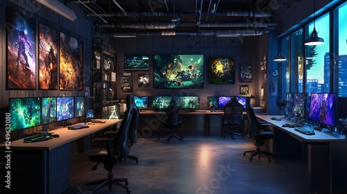 Modern Gamer's Loft Cyberpunk-Inspired Gaming Room with Multiple Monitors and Artistic Wall Decor