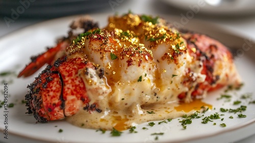 Grilled lobster, gold leaf, creamy sauce, restaurant, food photography photo