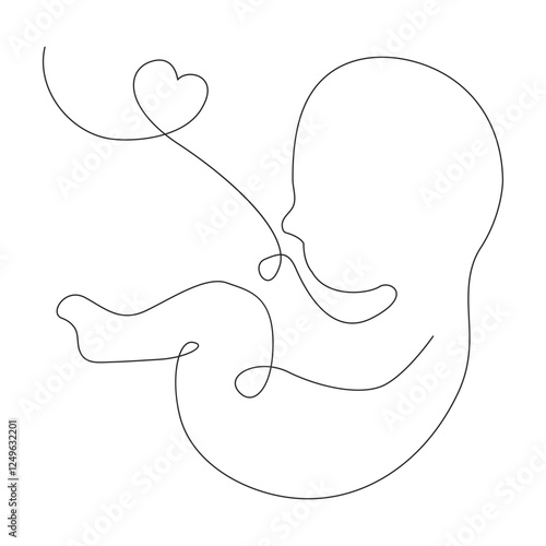 Baby in the womb heart shaped with umbilical cord Line drawing Logo.