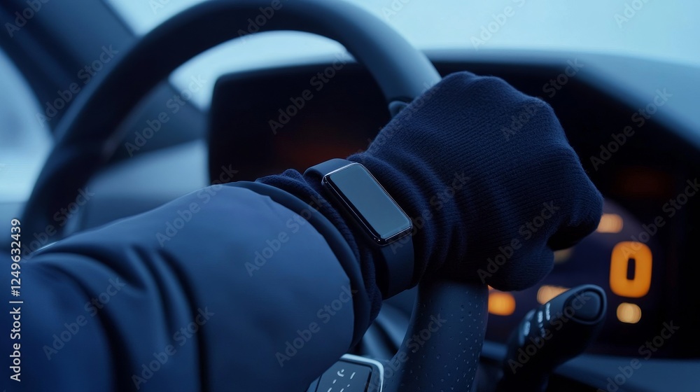Close-up of a driver’s gloved hand on a steering wheel, showcasing a smartwatch in a winter setting Close-up of a driver’s gloved hand on a steering wheel, showcasing a smartwatch in a winter setting