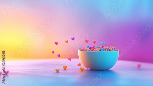 Magical bowl filled with floating hearts in pastel tones – romantic composition perfect for greeting cards, social media, and advertising.