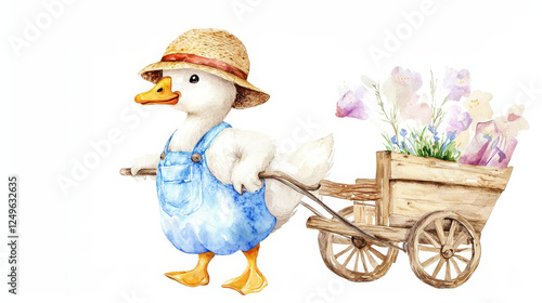 Fototapeta Naklejka Na Ścianę i Meble -  cute duck wearing straw hat and overalls pulls cart with flowers
