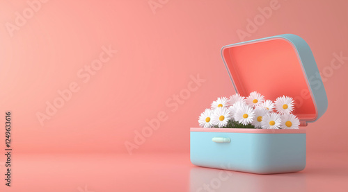Blue suitcase with white flowers on a pastel pink background – ideal for backgrounds, design, and marketing materials