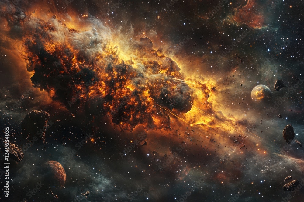 Stunning cosmic explosion illuminating dark space with vibrant colors and celestial bodies Stunning cosmic explosion illuminating dark space with vibrant colors and celestial bodies