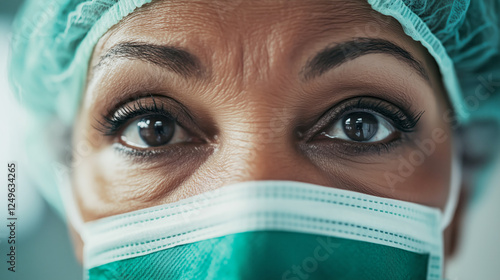 Close-up of a mature Black female healthcare worker wearing a protective mask and cap, showcasing resilience and focus in a sterile medical setting photo