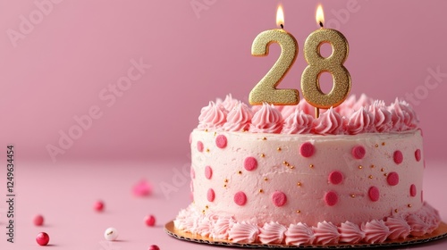Celebrate turning 28 with a festive pink birthday cake adorned with playful polka dots and elegant candles glowing brightly