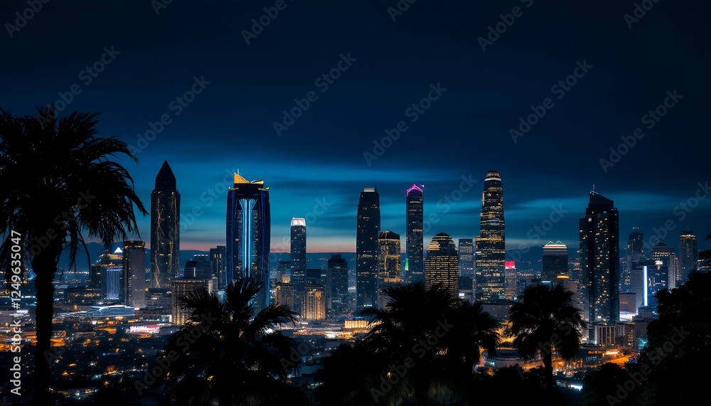 Obraz premium City Skyline at Night with Illuminated Skyscrapers and Palm Trees