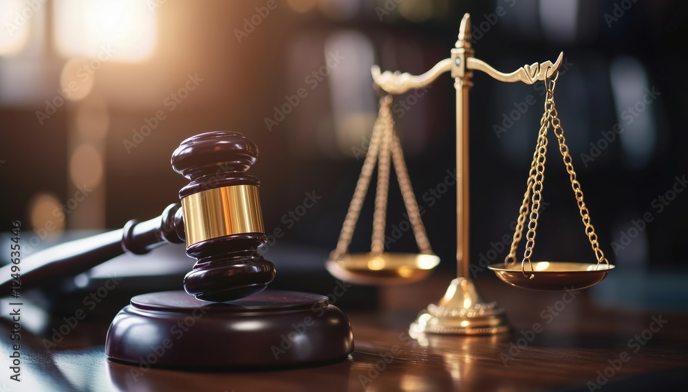 Symbol Of Justice: A Judge'S Hammer, Scales, And Law In The Office Of A Lawyer Representing The God Of Justice. Symbol Of Justice: A Judge'S Hammer, Scales, And Law In The Office Of A Lawyer Representing The God Of Justice.