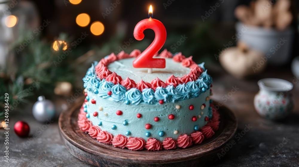 Festive celebration featuring a colorful two-tier birthday cake with whimsical decorations and glowing candlelight Festive celebration featuring a colorful two-tier birthday cake with whimsical decorations and glowing candlelight