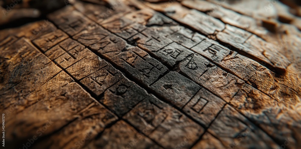 Obraz premium Ancient wooden surface displaying weathered carved geometric symbols and characters