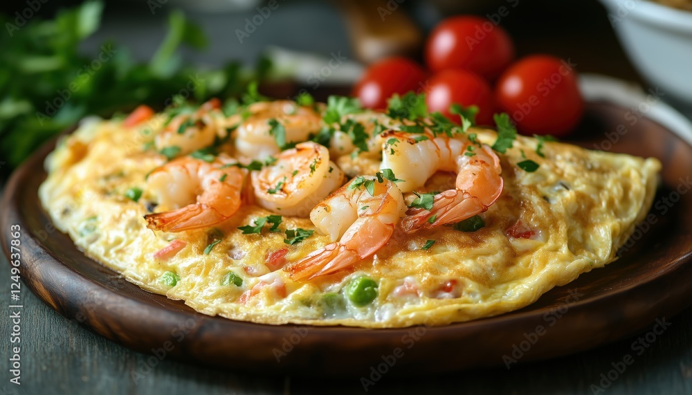Delicious Thai Street Food: Creamy Omelette With Shrimps And Rice - Easy Main Course Or Breakfast With Carved Leek And Vegetable Decoration Delicious Thai Street Food: Creamy Omelette With Shrimps And Rice - Easy Main Course Or Breakfast With Carved Leek And Vegetable Decoration