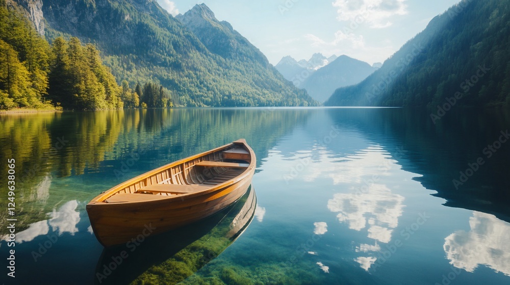 Calm lake boat, mountain backdrop, summer serenity, travel postcard Calm lake boat, mountain backdrop, summer serenity, travel postcard