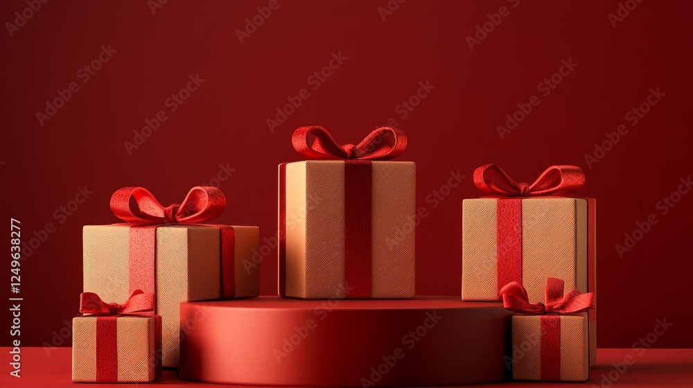Obraz premium 3D Empty Podium with Valentines Day Gift Boxes - A vibrant display of elegant gift boxes featuring red ribbons, perfect for Valentine's Day, love, celebration, joy, and special moments.