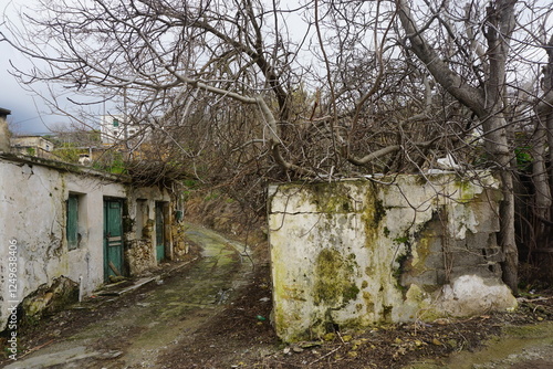 Old, dilapidated houses in Plora, lie there in ruins with locked doors guarding the memories of past times in Crete photo