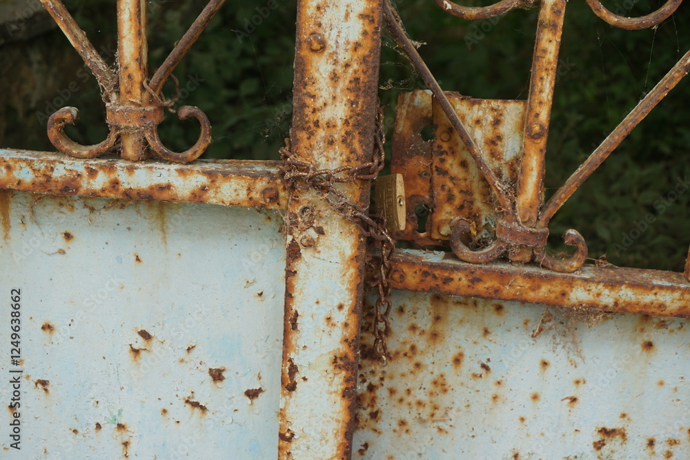 Old rusty door with chains and padlock full of cobwebs of a uninhabited and abandoned house Old rusty door with chains and padlock full of cobwebs of a uninhabited and abandoned house