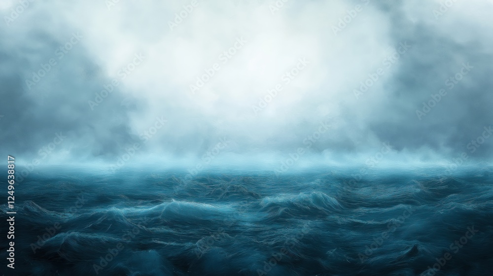 Moody ocean waves under misty sky with atmospheric blue gradient tones Moody ocean waves under misty sky with atmospheric blue gradient tones