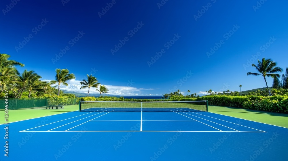 Obraz premium Bright blue tennis court surrounded by lush greenery and palm tree under a clear blue sky