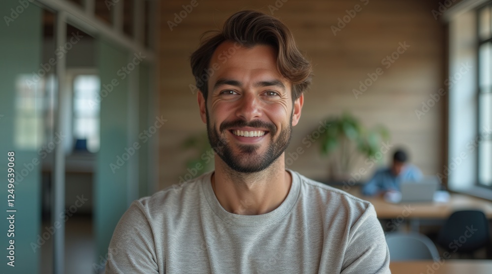 Friendly Man Smiles Confidently in a Modern Workspace During a Collaborative Meeting Friendly Man Smiles Confidently in a Modern Workspace During a Collaborative Meeting