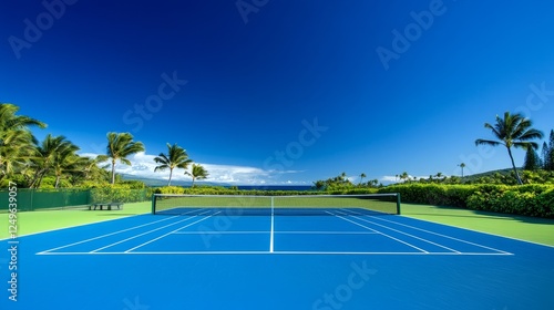 Wallpaper Mural Bright blue tennis court surrounded by lush greenery and palm tree under a clear blue sky Torontodigital.ca