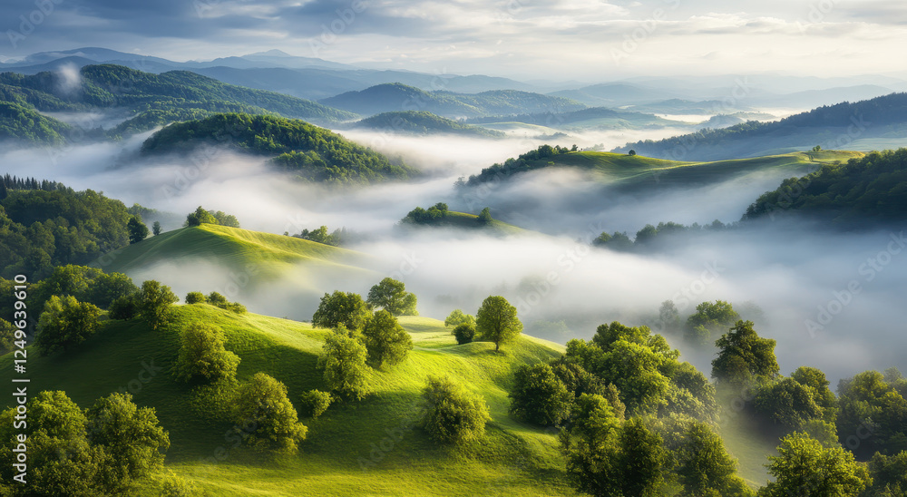 Naklejka premium Breathtaking green hills covered in mist, showcasing serene nature beauty