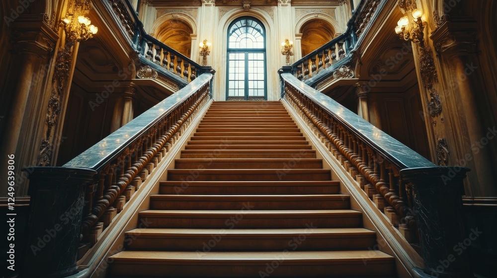 Obraz premium A magnificent wooden staircase in a grand, opulent setting, featuring intricate details and elegant lighting, showcasing the beauty of architectural craftsmanship and history.