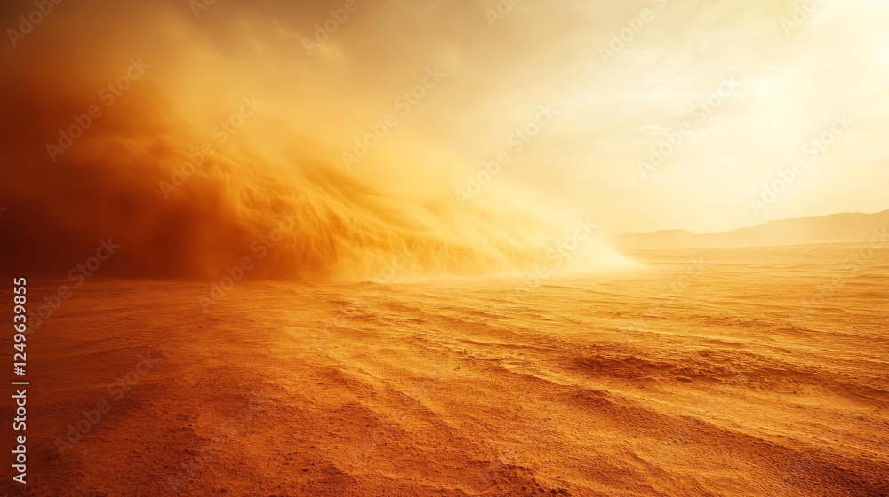 Obraz premium A vast desert landscape engulfed by a powerful sandstorm, swirling sand particles in the air, reducing visibility.