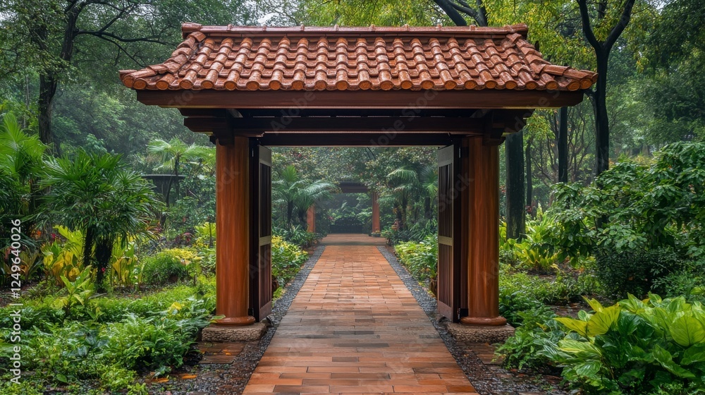 A picturesque pathway leading through a tranquil Asian garden, framed by a traditional wooden archway, inviting exploration of lush greenery and serene landscapes. A picturesque pathway leading through a tranquil Asian garden, framed by a traditional wooden archway, inviting exploration of lush greenery and serene landscapes.