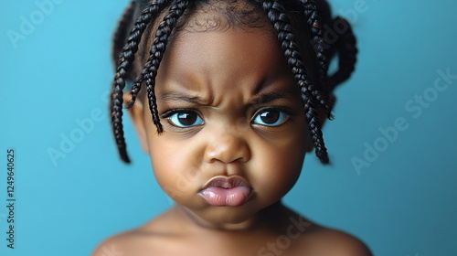 Child with expressive face showing frustration against a blue background during a candid moment