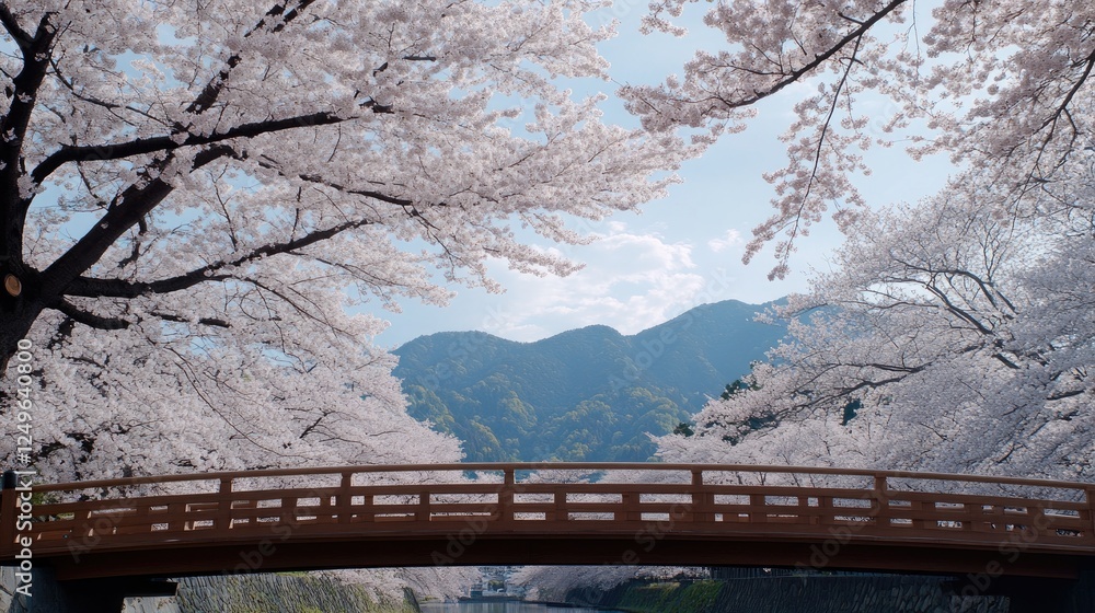 Cherry blossoms beautifully bloom with green mountains and a clear blue sky in the background, highlighting the charm of spring in Japan Cherry blossoms beautifully bloom with green mountains and a clear blue sky in the background, highlighting the charm of spring in Japan