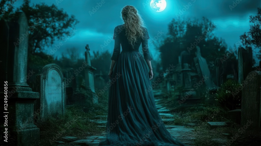 Woman in gothic dress walks graveyard moonlit night Halloween Woman in gothic dress walks graveyard moonlit night Halloween
