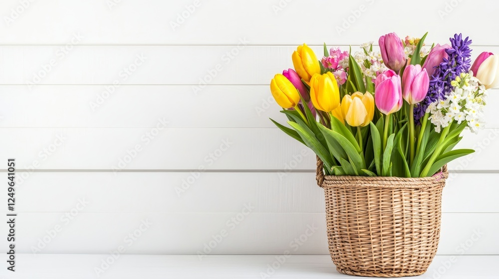 Obraz premium A delightful arrangement of colorful spring tulips in a basket - Bright and beautiful spring tulips in a wicker basket, symbolizing renewal, joy, nature, color, and freshness.