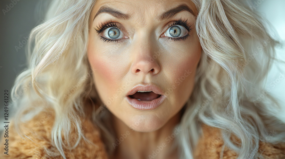 Surprise and amazement reflected in the eyes of a woman with curly blonde hair in a bright indoor setting Surprise and amazement reflected in the eyes of a woman with curly blonde hair in a bright indoor setting