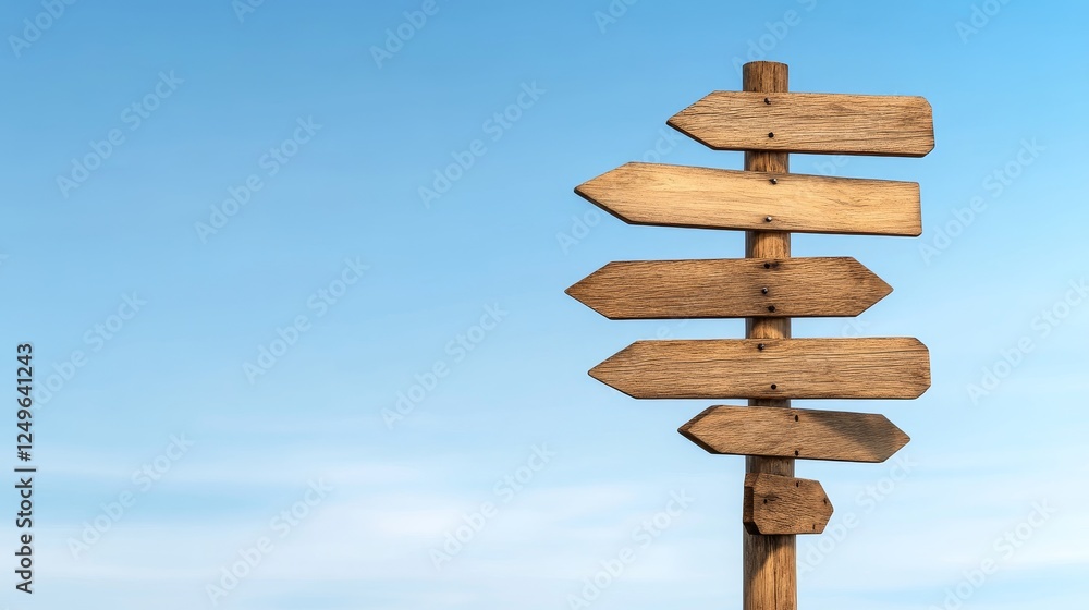 Wooden signpost with multiple directional arrows against a clear blue sky, symbolizing choices and travel Wooden signpost with multiple directional arrows against a clear blue sky, symbolizing choices and travel
