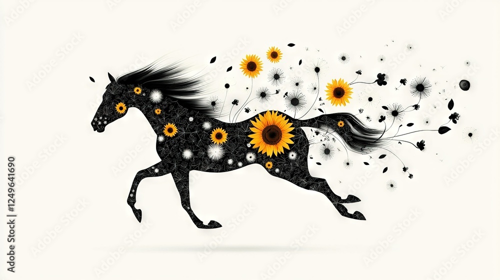Fototapeta premium A photo of a horse with sunflowers on its back and a flowing black mane