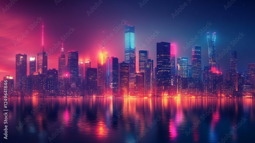 Obraz premium A breathtaking view of an illuminated city skyline at night, showcasing a blend of modern architecture and colorful neon lights reflecting off calm waters, evoking urban energy.