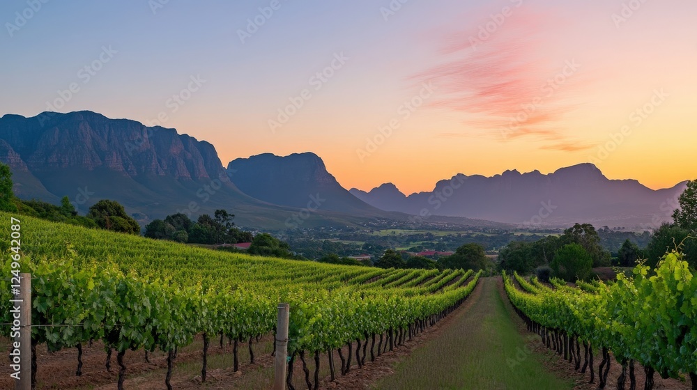 Naklejka premium Vineyard Sunset Mountain Landscape Scenic View