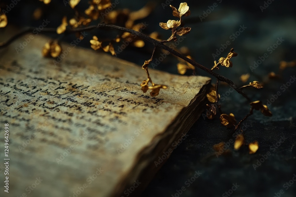 An old handwritten book is adorned with golden branches