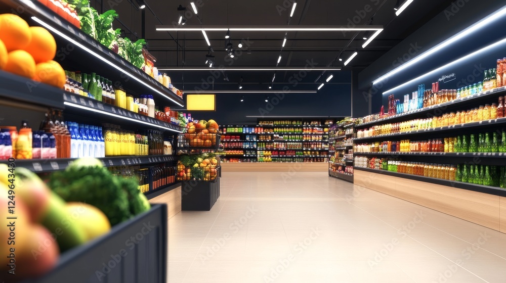 Brightly lit grocery store aisle showcasing fresh produce and beverages with organized shelves Brightly lit grocery store aisle showcasing fresh produce and beverages with organized shelves
