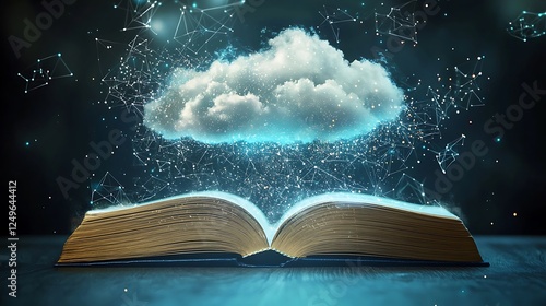 Educational knowledge pouring from digital clouds in the form books videos and quizzes