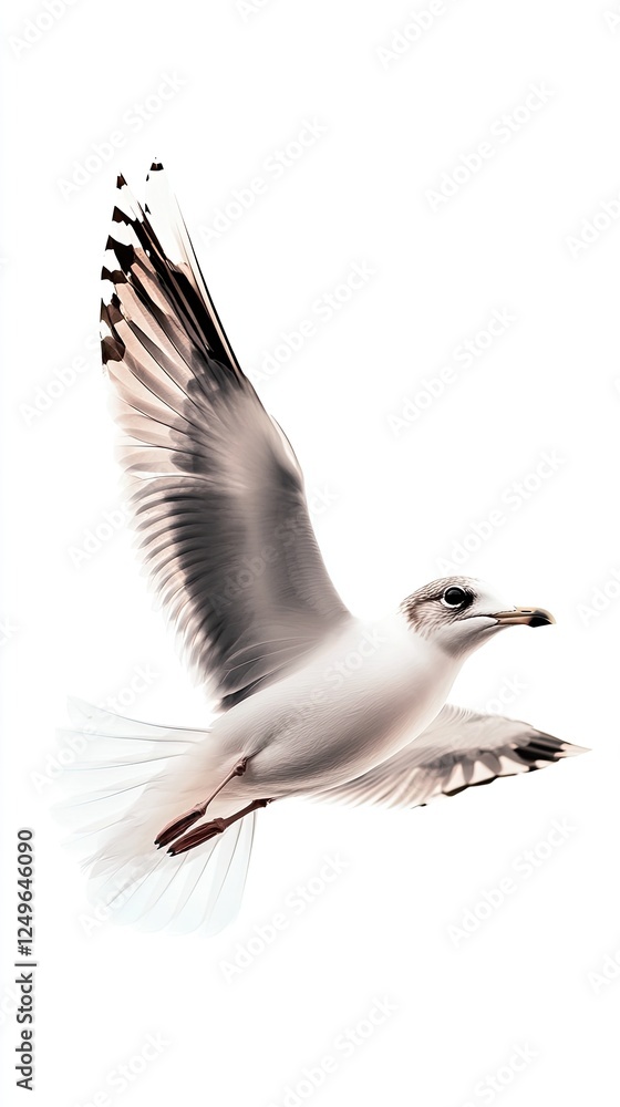 Fototapeta premium A seagull glides through the sky, wings outstretched, against a backdrop of soft clouds and a greyish hue