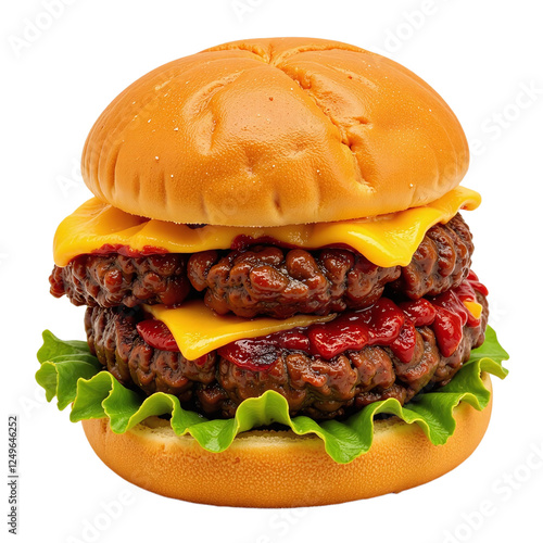 Close-up image of a juicy double cheeseburger with lettuce, ketchup and melted cheese. photo