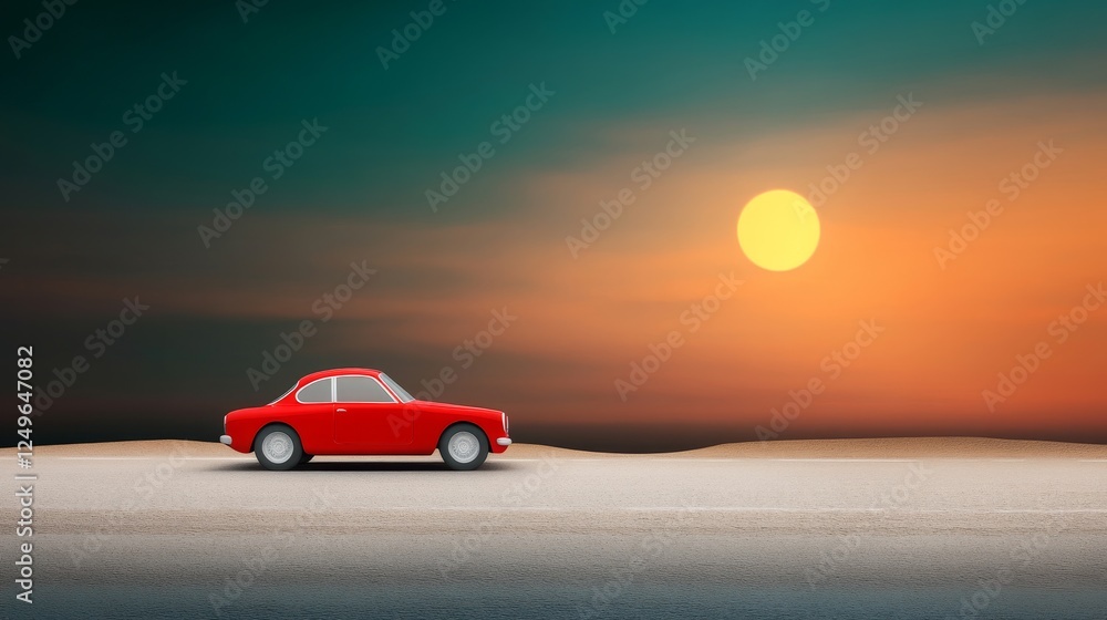 Fototapeta premium Classic Car on Desert Highway at Sunset - A vibrant red car parked on a desert highway under a stunning sunset, symbolizing adventure, freedom, nostalgia, exploration, and serenity.