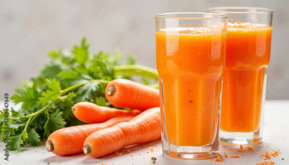 Fresh carrot juice glasses with vibrant carrots and herbs, healthy lifestyle Fresh carrot juice glasses with vibrant carrots and herbs, healthy lifestyle