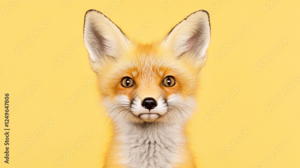 Adorable red fox with bright orange fur and expressive eyes against a vibrant yellow background Adorable red fox with bright orange fur and expressive eyes against a vibrant yellow background