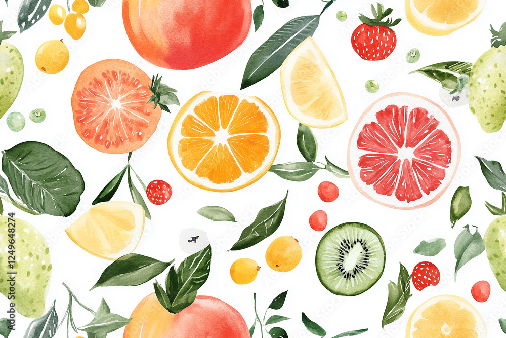 Vibrant watercolor fruit seamless pattern with sharp edges, perfect for summer designs. Ideal for textiles, wallpapers, and packaging. Fresh, colorful, and playful in a bright palette. Vibrant watercolor fruit seamless pattern with sharp edges, perfect for summer designs. Ideal for textiles, wallpapers, and packaging. Fresh, colorful, and playful in a bright palette.