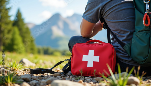 Compact first aid kit in mountain view, hiking essentials for safety