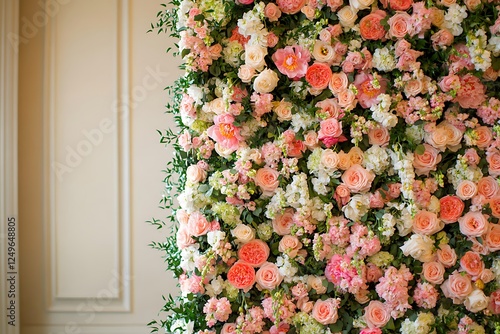 A stunning backdrop for wedding photos featuring a tall, floral-covered wall, creating an elegant and vibrant setting for memorable moments.