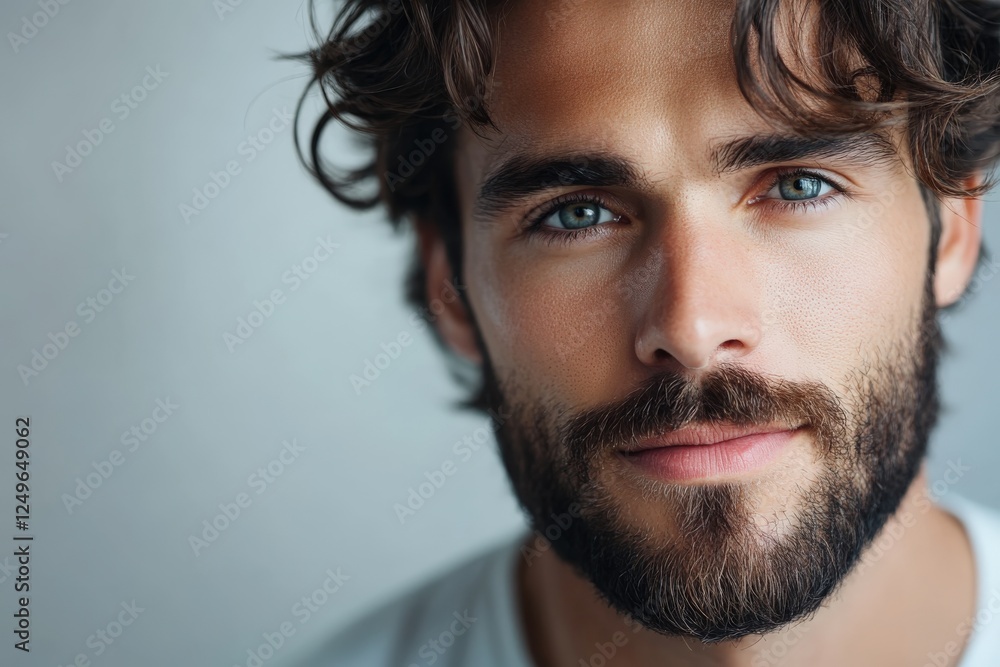 Fototapeta premium Close-Up Portrait of a Handsome Man with a Beard and Striking Blue Eyes