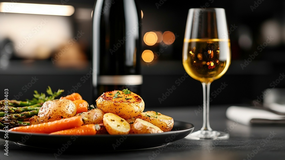A zoomed-in photo of a dish with a wine glass and a wine bottle in the background A zoomed-in photo of a dish with a wine glass and a wine bottle in the background
