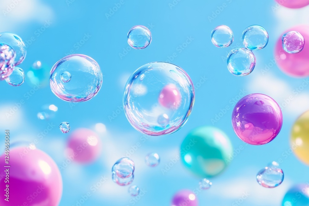 Colorful Soap Bubbles Floating in the Sky - A vibrant scene of soap bubbles and pastel-colored spheres floating against a bright blue sky with fluffy clouds. Colorful Soap Bubbles Floating in the Sky - A vibrant scene of soap bubbles and pastel-colored spheres floating against a bright blue sky with fluffy clouds.